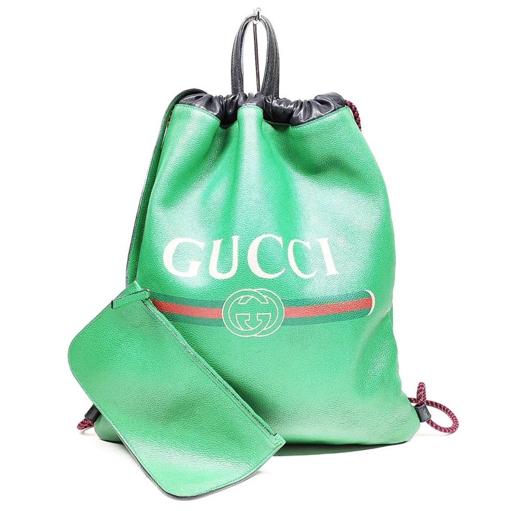 EUC Unisex Gucci Grained Calfskin Logo Drawstring Backpack w/Pouch